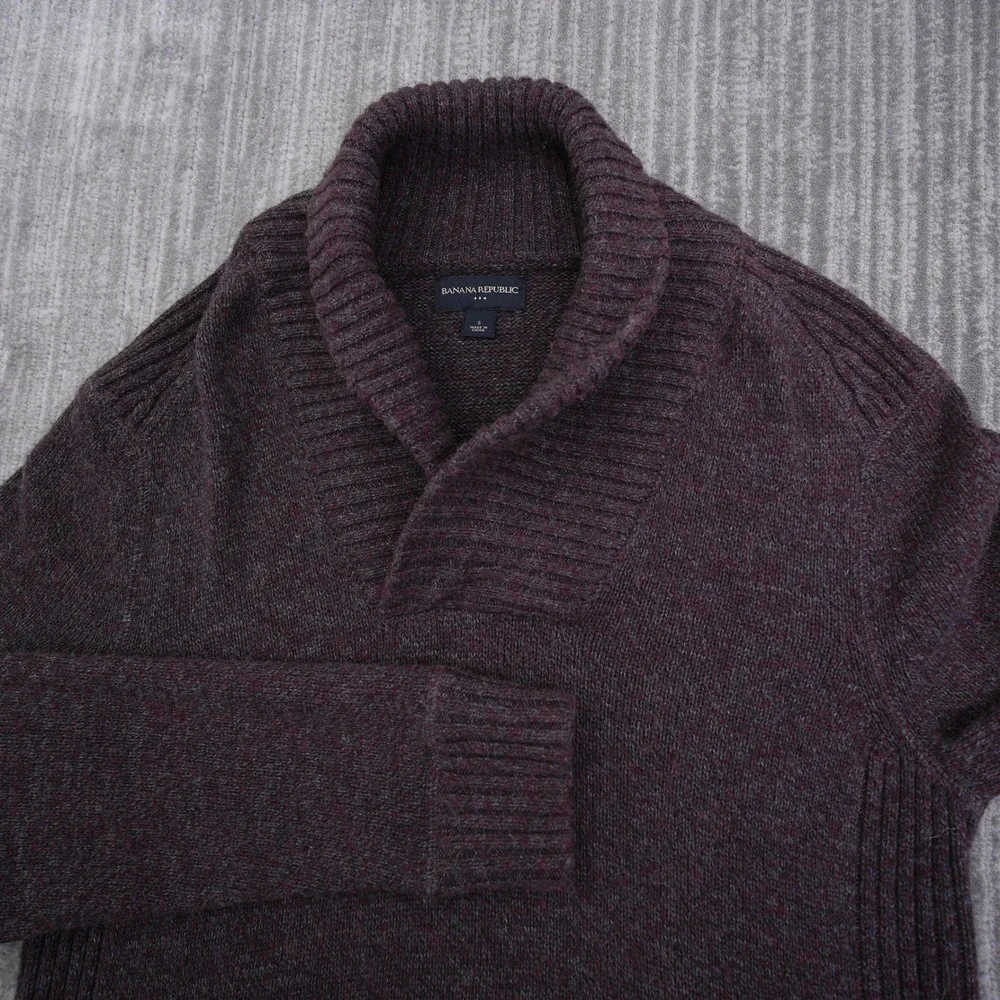 Banana‎ Republic Mens Shawl Collar Sweater Small Burgundy Marled Knit Wool Blend